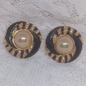 Goldtone and Black Faux Iridescent Pearl Earrings